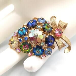 Vintage 1950s Floral Rhinestone Brooch Gold Tone Bow Aurora Borealis